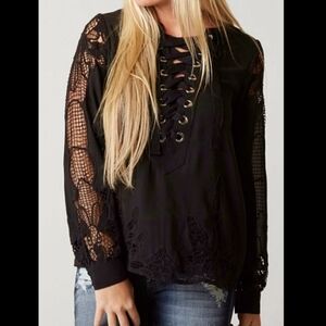 Gimmicks by BKE Lace Up Black Blouse Medium Cut Out Embroidered Witchy